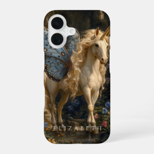 Weißes Einhorn mit blauen Feenflügeln Fantasy-Schl iPhone 16 Hülle