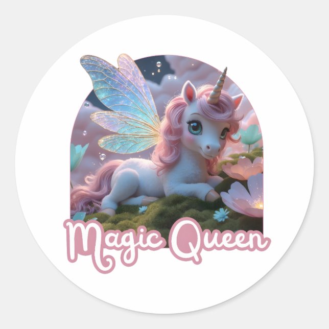 Weißes Einhorn mit Flügeln - Magic Queen Runder Aufkleber (Vorderseite)