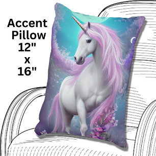 Weißes Einhorn mit violetten Blumen und Mond Dekokissen