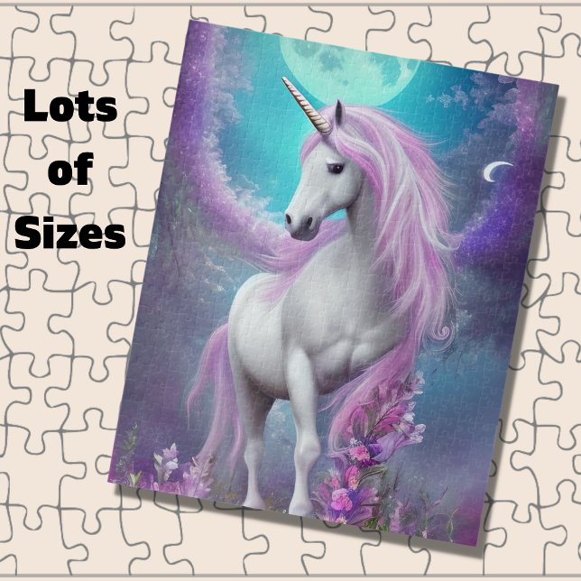 Weißes Einhorn mit violetten Blumen und Mond Puzzle (Von Creator hochgeladen)