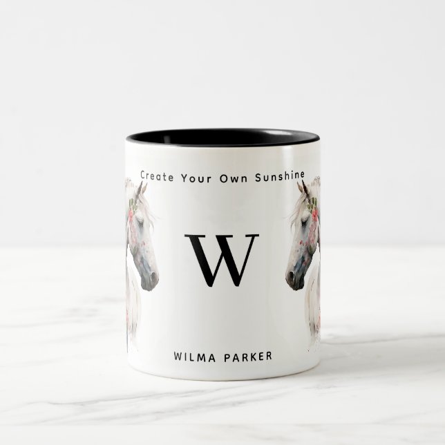Weißes Einhorn-Monogramm mit Name Zweifarbige Tasse (Mittel)