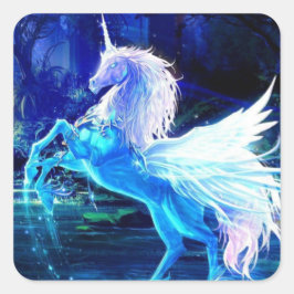 Weißes Einhorn Pegasus Blauer Mondlicht Quadratischer Aufkleber