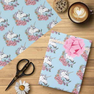 Weißes Einhorn Rosa Blume Blau Geschenkpapier