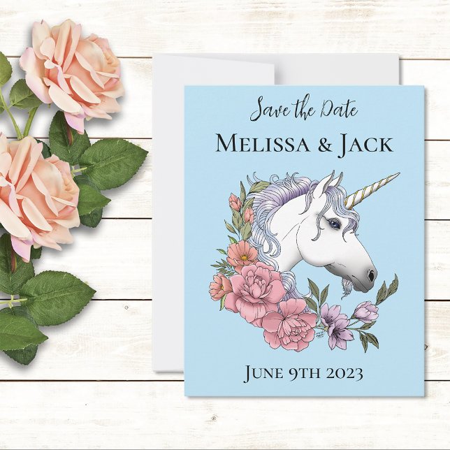 Weißes Einhorn Rosa Blume Blau Save The Date (Von Creator hochgeladen)