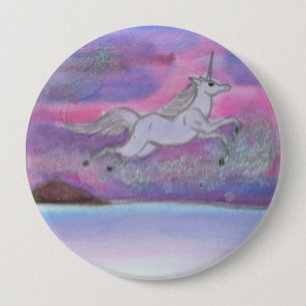 Weißes Einhorn über der Winterlandschaft Nacht Button