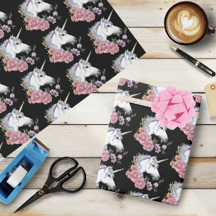 Weißes Einhorn und Blume Geschenkpapier