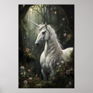 Weißes Einhornpferd in tiefem Blumenwalddruck Poster
