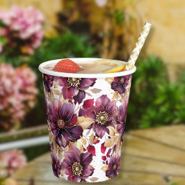 Weißes elegantes goldenes Burgundy Blumenmuster Pappbecher