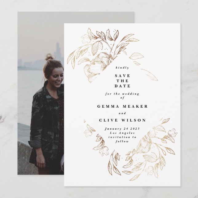 Weißes elegantes, handgezeichnetes botanisches Hoc Save The Date (Vorne/Hinten)