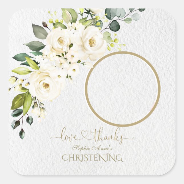 Weißes Elfenbein Foto mit floraler Girl Christenin Quadratischer Aufkleber (Vorderseite)