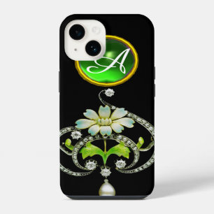 WEIßES EMAILBLUMEN-MONOGRAMM MIT PERLEN UND DIAMAN iPhone HÜLLE