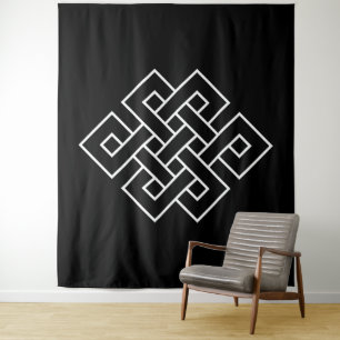 Weißes Endlos-Knoten-Symbol auf Schwarz Wandteppich