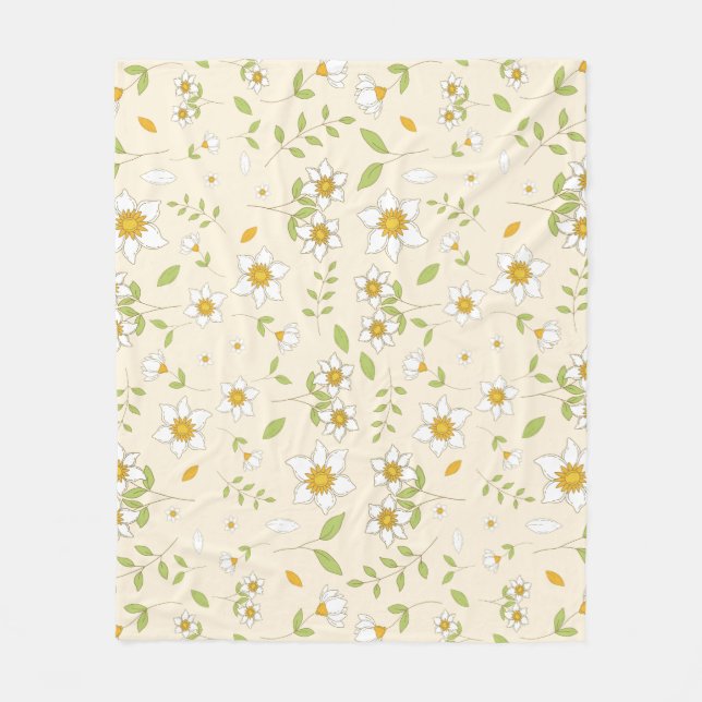 Weißes florales botanisches Muster auf Creme Fleecedecke (Vorderseite)