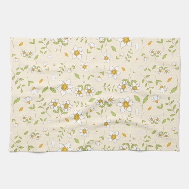 Weißes florales botanisches Muster auf Creme Geschirrtuch (Horizontal)
