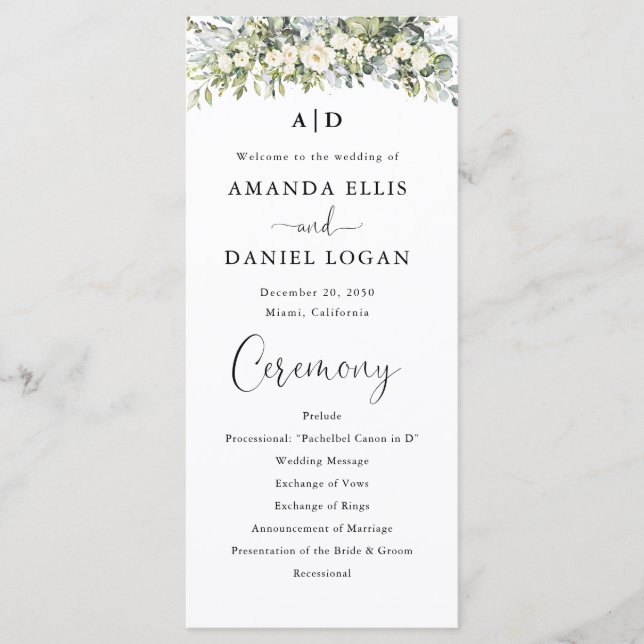 Weißes Florales Hochzeitsprogramm Programm (Vorderseite)