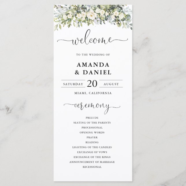 Weißes Florales Hochzeitsprogramm Programm (Vorderseite)
