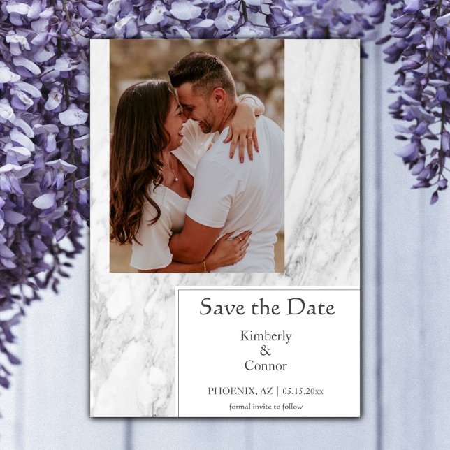 Weißes Foto aus Marmor Save The Date (White Simple Marbled Photo Save the Date)