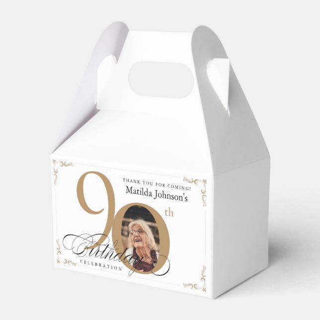 Weißes Foto der Kalligraphie Elegant 90. Geburtsta Geschenkschachtel (Vorderseite)