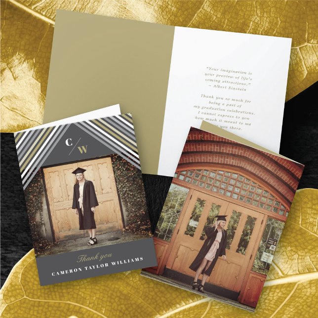 Weißes Foto Diagonal Streifen Moderner Abschluss Dankeskarte (White Gold Grey Diagonal Stripes Photo Modern Graduation Thank You Card @ zazzle.com/color_therapy)