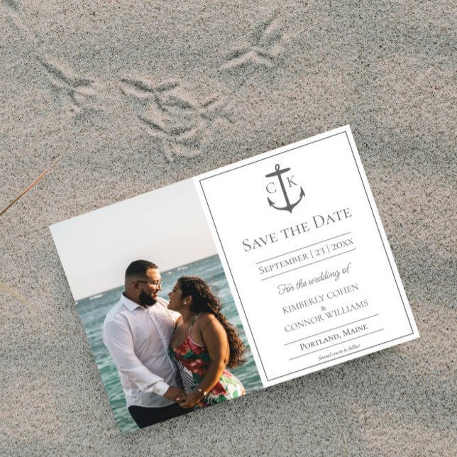 Weißes Foto für die autonome Monogramm Save the Da Date (White Nautical Monogram Photo Save the Date)
