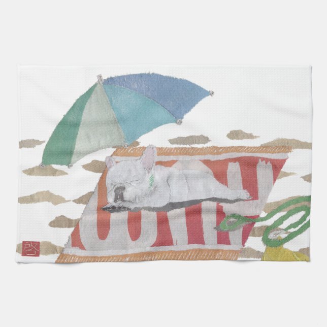 Weißes Frenchie, französische Bulldogge, Küchentuch (Horizontal)