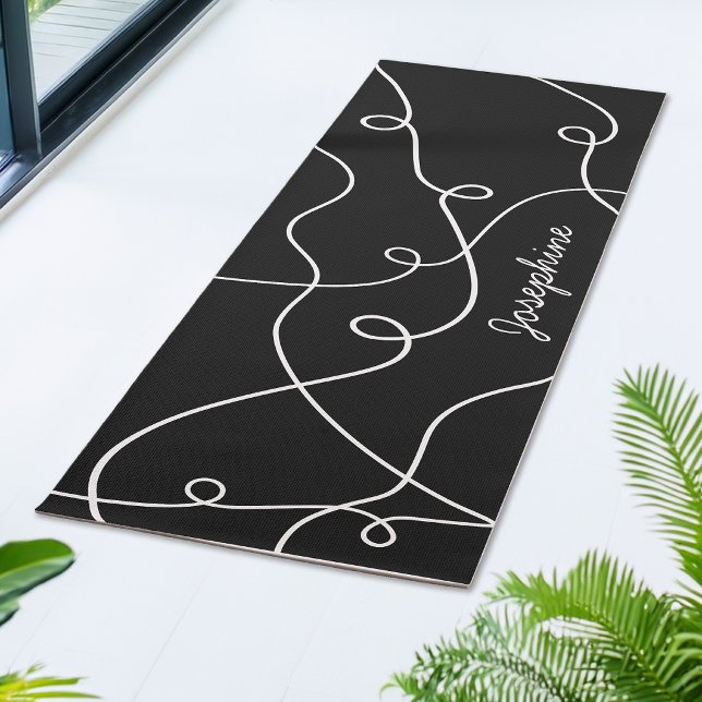 Weißes geometrisches Schleifenmuster auf schwarzem Yogamatte (Von Creator hochgeladen)