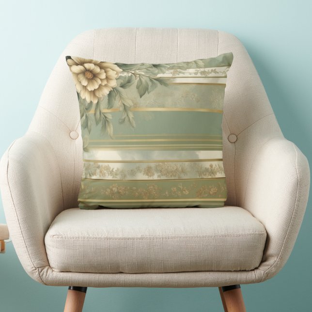 Weißes, gestreiftes Gold Blume Barock Kissen (Von Creator hochgeladen)