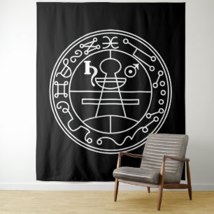 Weißes Goetia-Siegel von Salomon auf Schwarz Wandteppich
