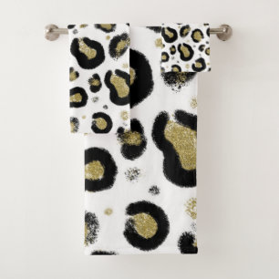 Weißes Gold Glitter & Schwarzer Leopard Gepardendr Badhandtuch Set