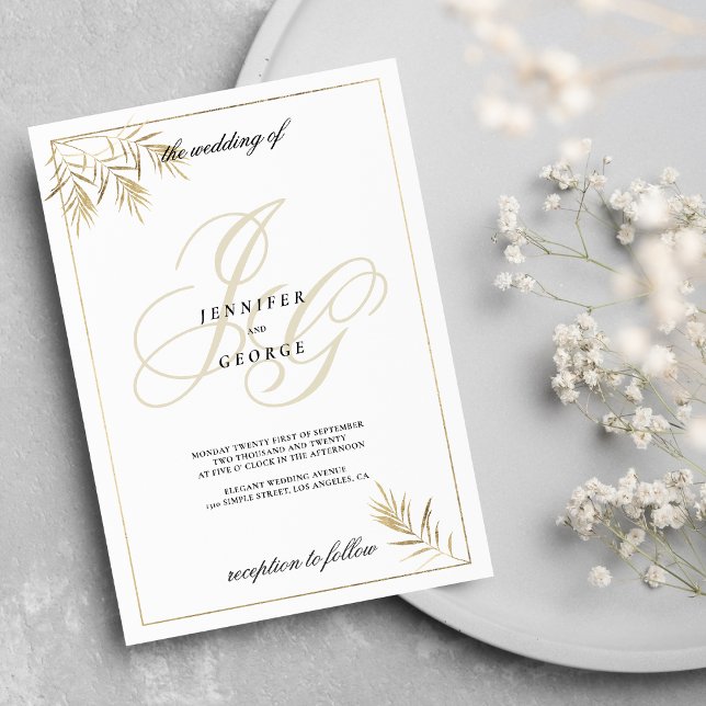 Weißes Goldmonogramm Einladung (White gold monogram initials foliage Wedding )