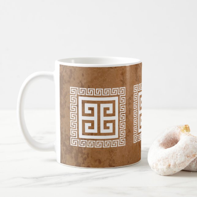 Weißes griechisches Schlüsselmuster Kaffeetasse (Mit Donut)