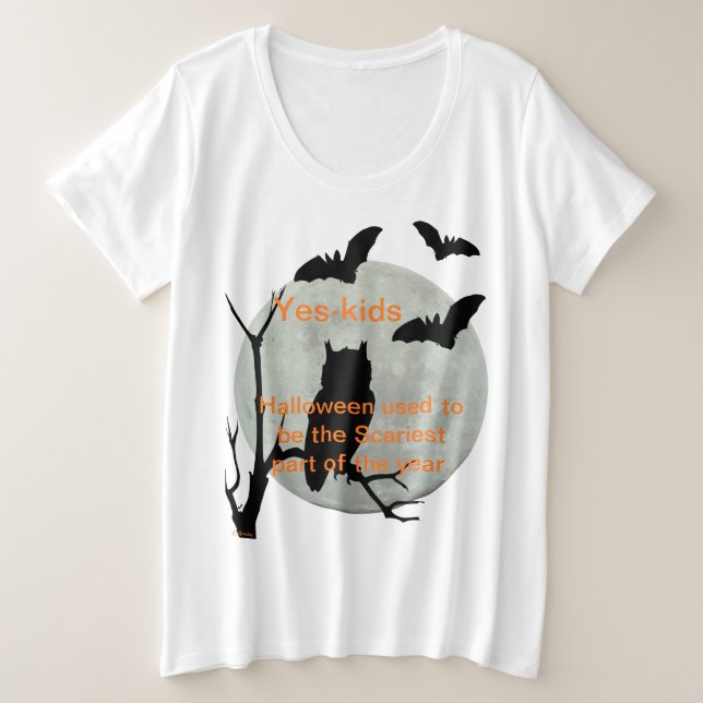 Weißes Halloween-Owl & Fledermäuse Große Größe T-Shirt (Design vorne)
