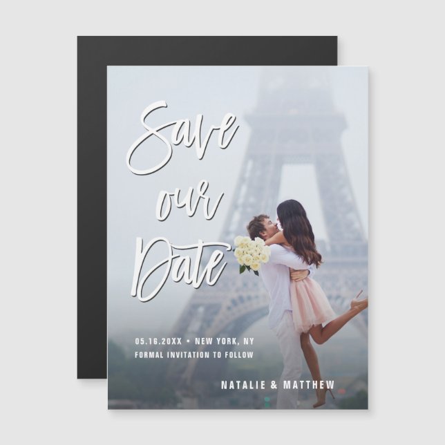 Weißes handgeschriebenes Skript Rette Unser Date-F Magneteinladung (Vorne/Hinten)