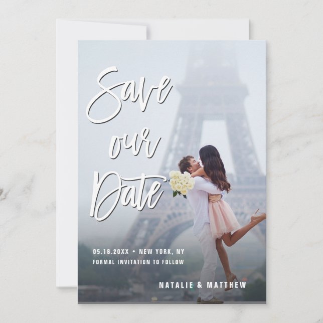 Weißes handgeschriebenes Skript Rette unsere Datum Save The Date (Vorderseite)