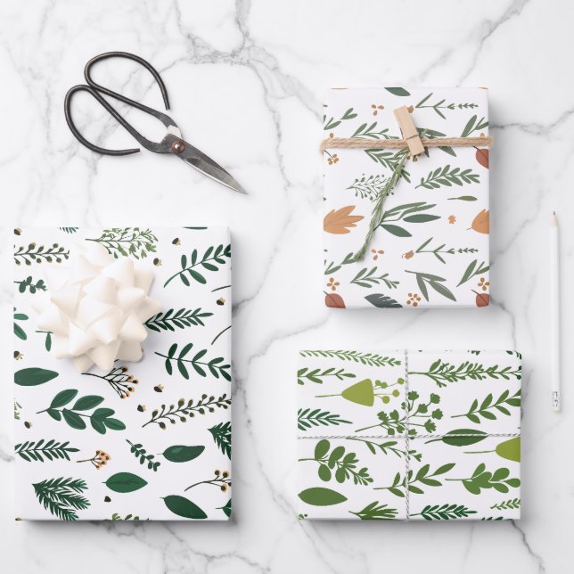 Weißes handGezeichnet Botanisches Geschenkpapier Set (Vorderseite)