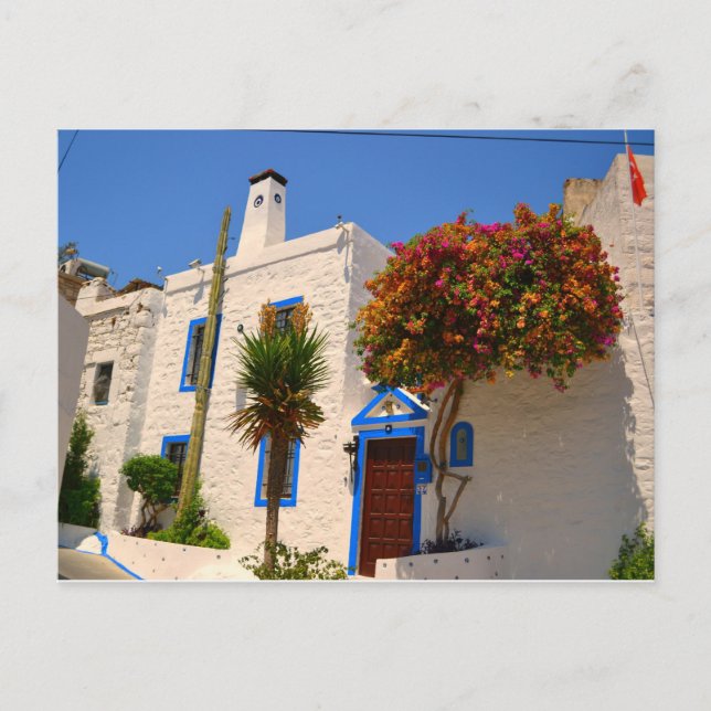 Weißes Haus mit blauer Türe Postkarte (Vorderseite)