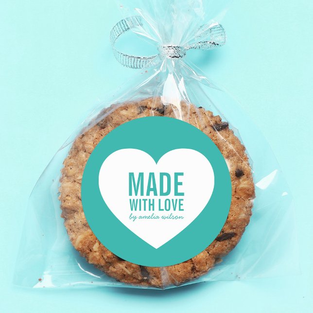 Weißes Herz hergestellt mit Liebe bearbeitbar Farb Runder Aufkleber (Von Creator hochgeladen)