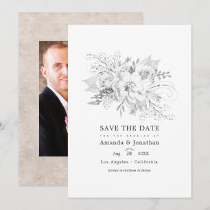 Weißes Hochzeitfloral-Foto Save The Date