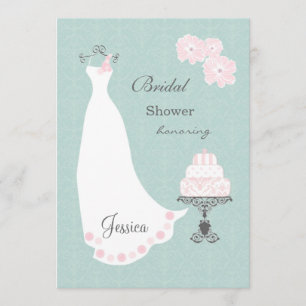 Weißes Hochzeitskleid, Kuchen auf Aqua Brautparty Einladung
