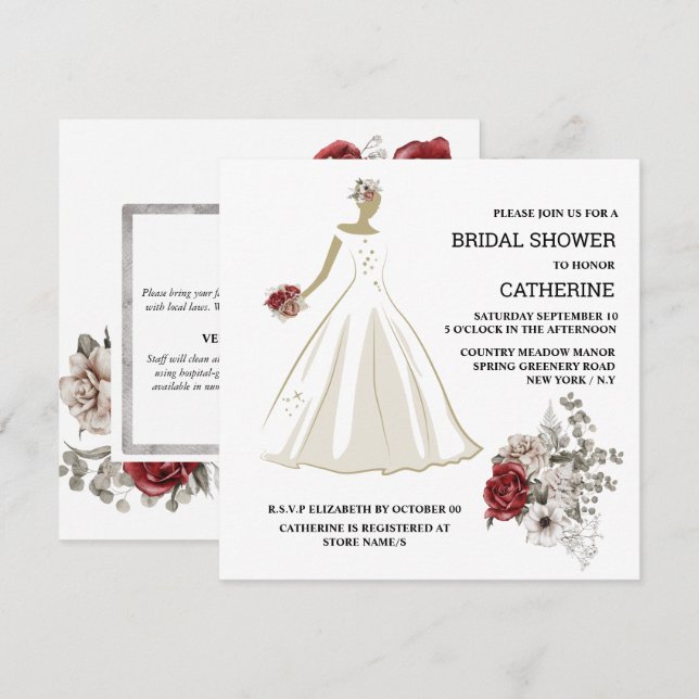 Weißes Hochzeitskleid rote Rose Blumenstrauß Blume Einladung (Vorne/Hinten)