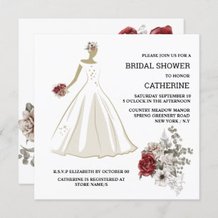Weißes Hochzeitskleid rote Rose Blumenstrauß Blume Einladung