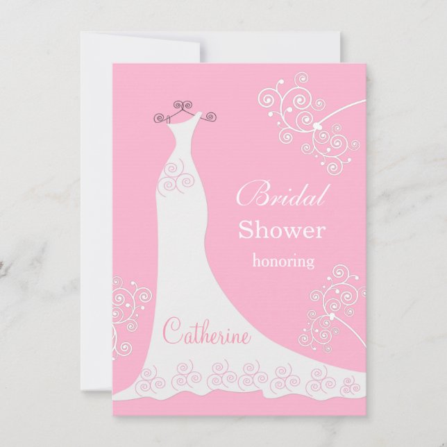 Weißes Hochzeitskleid, Wirbel auf rosa Brautparty Einladung (Vorderseite)