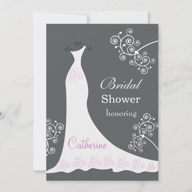 Weißes Hochzeitskleid, Wirbel auf schwarzem Brautp Einladung (Vorderseite)