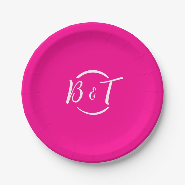 Weißes Hochzeitsmonogramm (Hot Pink White Wedgram) Pappteller (Vorderseite)