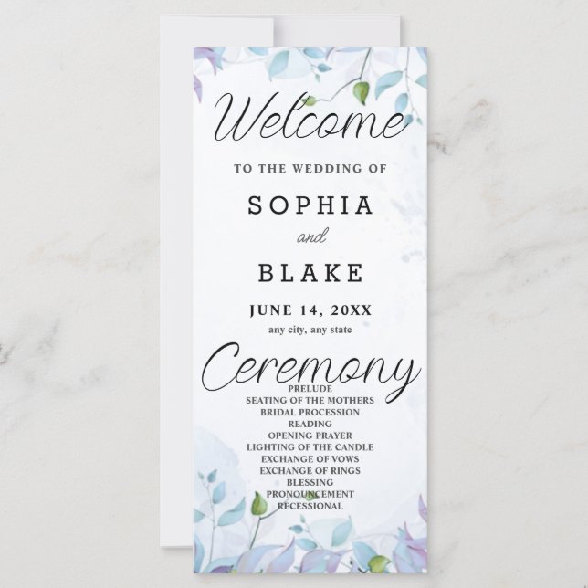 Weißes Hochzeitsprogramm für Blaue und Lila Blätte (Vorderseite)