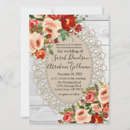 Weißes Holz Spitzen Rote Blume Rose Rustikale Hoch Einladung