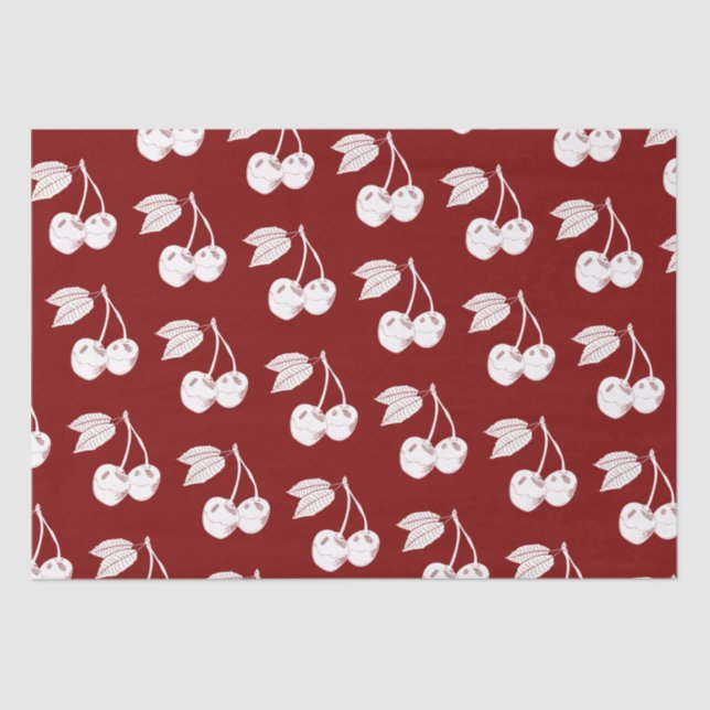 Weißes Holzschnitt-Kirschdesign auf dunkelrot Seidenpapier (Vorderseite)