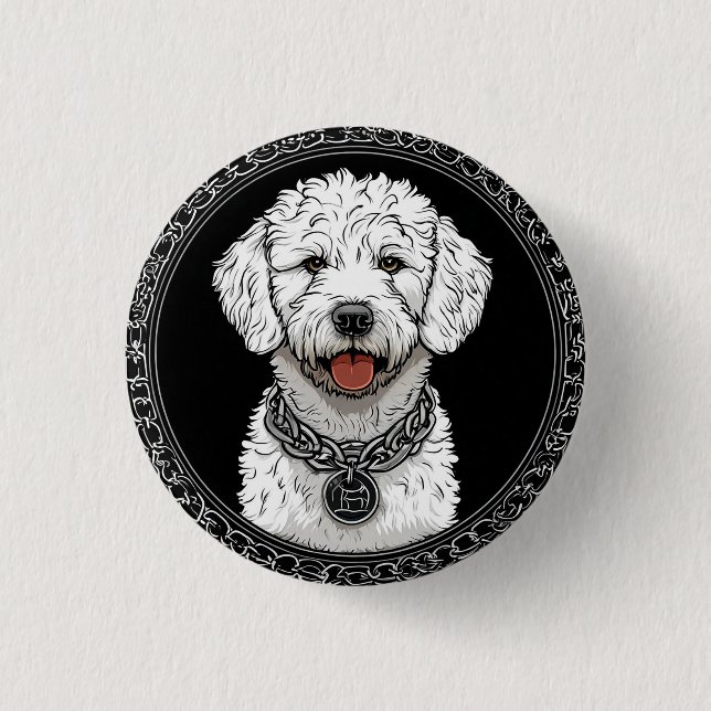 Weißes Hundportrait mit Kettenkollar Button (Vorderseite)