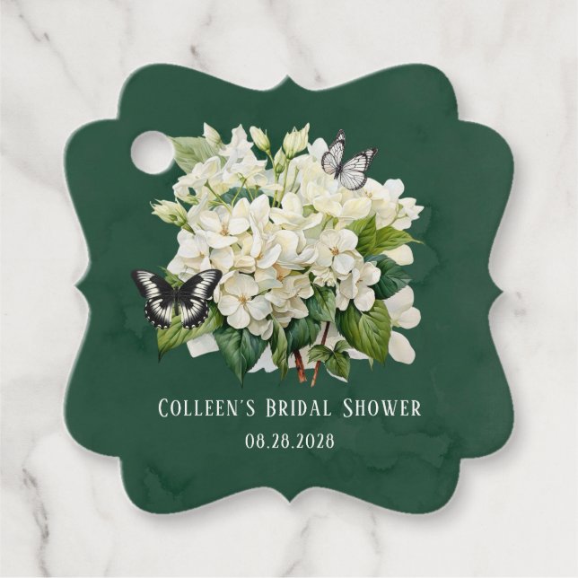 Weißes Hydrangea und Schmetterling-Brautparty Geschenkanhänger (Vorderseite)