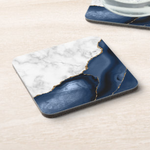 Weißes Imitat Marble Gilded Navy Blue Agate Getränkeuntersetzer